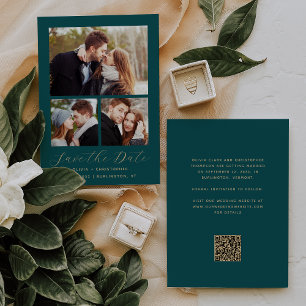 Minimale 3-Foto-Collage Türkis Blau Gold QR-Code Save The Date
