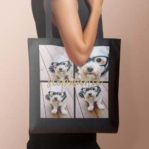 Minimale 4-Foto-Collage - Schwarz - Gold-Schriftte Tasche