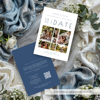Minimale 7-Foto-Hochzeitscollage Dusty Blue TLW26 Mitteilungskarte
