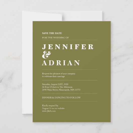 Minimale alte Moosgrüne Hochzeit Save The Date (Vorderseite)