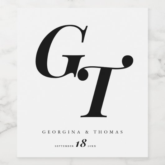 Minimale Anfangswerte | Moderne Schwarz-Weiß-Hochz Weinetikett (Einzelnes Label)