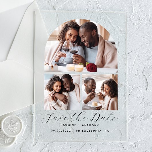 Minimale Arch Collage mit 3 Fotos Save the Date Acryleinladungen