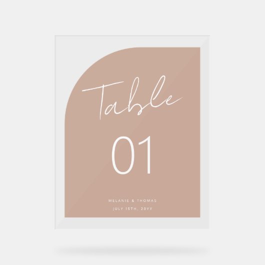 Minimale Arch-Form Brush-Script-Blush-Tischnummer Acrylschild (Vorderseite)