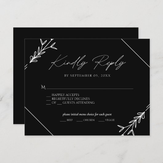 Minimale Auswahl an Schwarz-Weiß-Hochzeitsmenüs UA RSVP Karte (Vorne/Hinten)