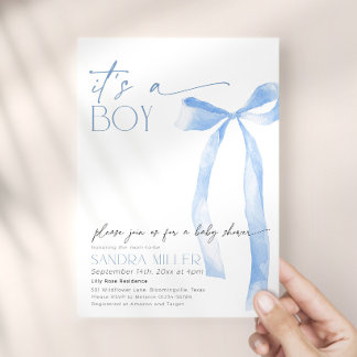 Minimale Baby-Party im Blau mit Schleife Einladung