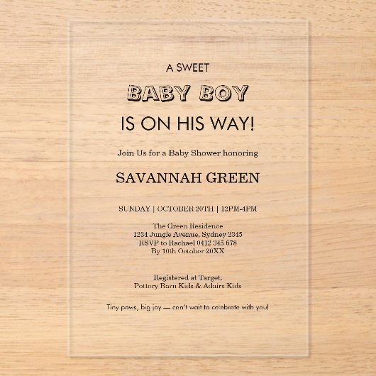 Minimale Babyshower-Typografie für Jungen Acryleinladungen (Vorderseite)
