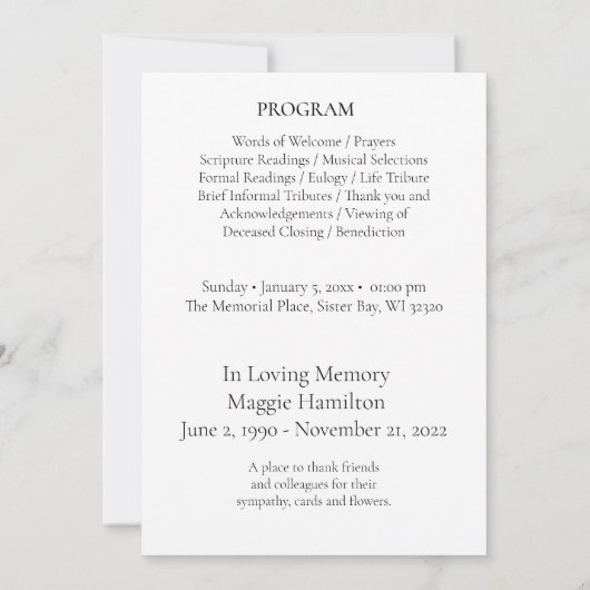 Minimale Beerdigungsfeier des Lebenszyklus-Program Einladung (Rückseite)