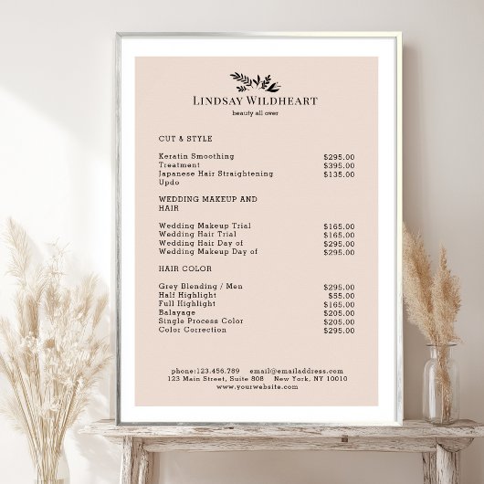 Minimale beige botanische Salon-Preisliste Poster