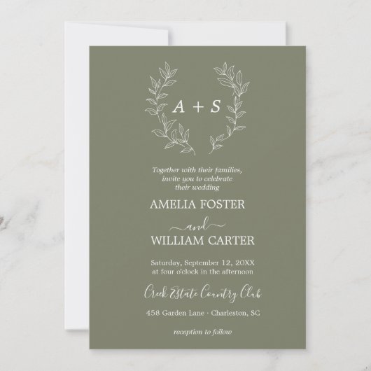 Minimale Blatt | Formale Monogramm-Hochzeitseinlad Einladung (Vorderseite)