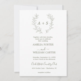 Minimale Blatt | Formale Monogramm-Hochzeitseinlad Einladung