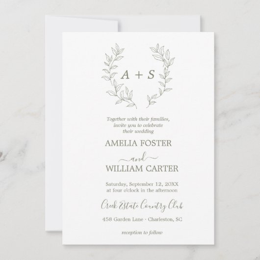 Minimale Blatt | Formale Monogramm-Hochzeitseinlad Einladung (Vorderseite)