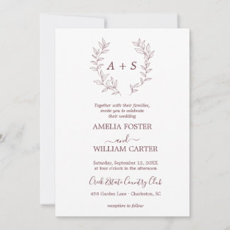 Minimale Blatt | Formale Monogramm-Hochzeitseinlad Einladung