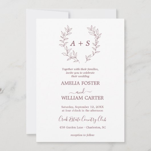 Minimale Blatt | Formale Monogramm-Hochzeitseinlad Einladung (Vorderseite)