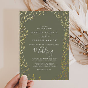 Minimale Blatt   Goldfolie Dunkelgrüne Hochzeit Folieneinladung