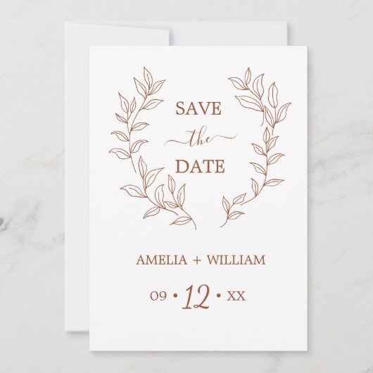 Minimale Blatt-Monogramm-Hochzeit Save the Date (Vorderseite)