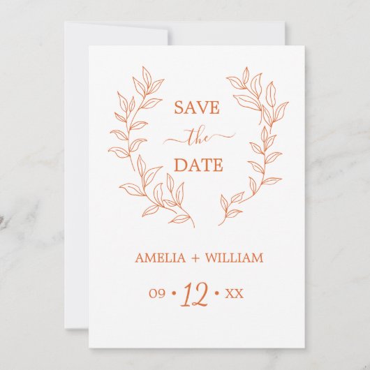 Minimale Blatt-Monogramm-Hochzeit Save the Date  (Vorderseite)