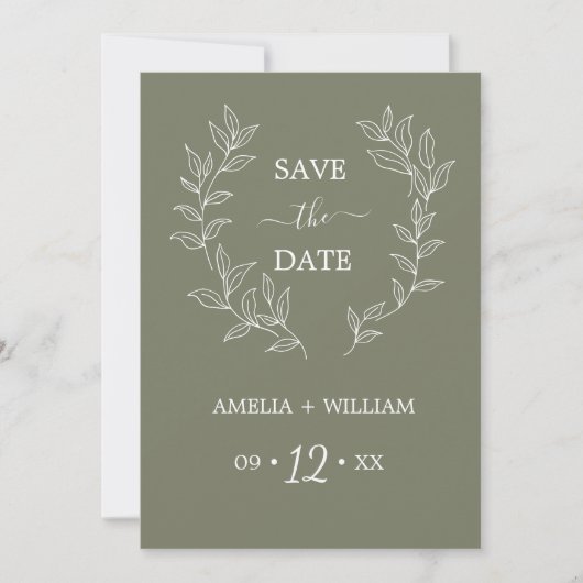Minimale Blatt-Monogramm-Hochzeit Save the Date (Vorderseite)