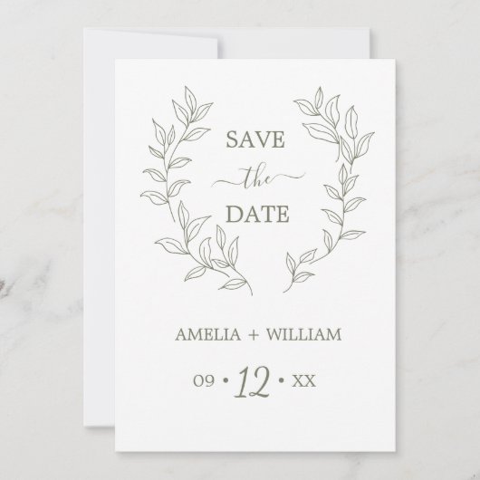 Minimale Blatt-Monogramm-Hochzeit Save the Date (Vorderseite)