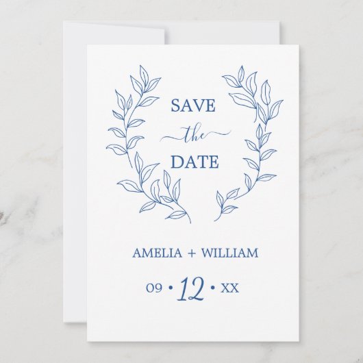 Minimale Blatt-Monogramm-Hochzeit Save the Date (Vorderseite)