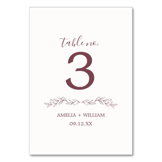 Minimale Blatt-Monogramm-Hochzeitstisch-Nummernkar Tischnummer (Rückseite)