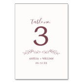 Minimale Blatt-Monogramm-Hochzeitstisch-Nummernkar Tischnummer (Vorderseite)
