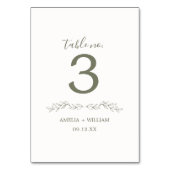 Minimale Blatt-Monogramm-Hochzeitstisch-Nummernkar Tischnummer (Vorderseite)