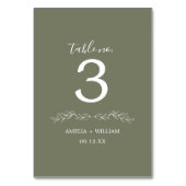 Minimale Blatt-Monogramm-Hochzeitstisch-Nummernkar Tischnummer (Vorderseite)