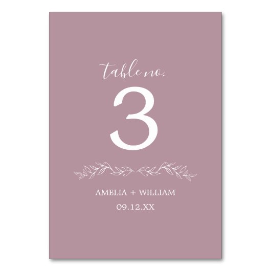 Minimale Blatt-Monogramm-Hochzeitstisch-Nummernkar Tischnummer (Rückseite)