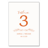 Minimale Blatt-Monogramm-Hochzeitstisch-Nummernkar Tischnummer (Vorderseite)