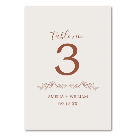 Minimale Blatt-Monogramm-Hochzeitstisch-Nummernkar Tischnummer (Rückseite)