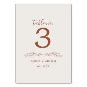 Minimale Blatt-Monogramm-Hochzeitstisch-Nummernkar Tischnummer (Vorderseite)