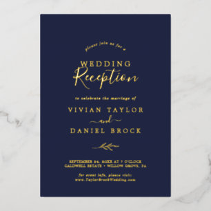 Minimale Blätter Goldfolie Navy Hochzeitsempfang Folieneinladung