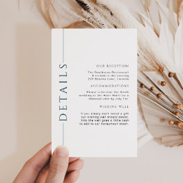 Minimale blau-weiße Hochzeitsdetails einfügen Begleitkarte