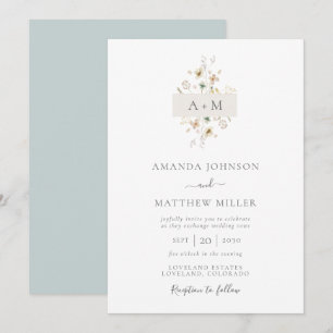 Minimale blaue Aquarell-Blumenmonogramm-Hochzeit Einladung