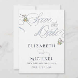 Minimale Blaue und Weiße Liebesvögel Save the Date Einladung