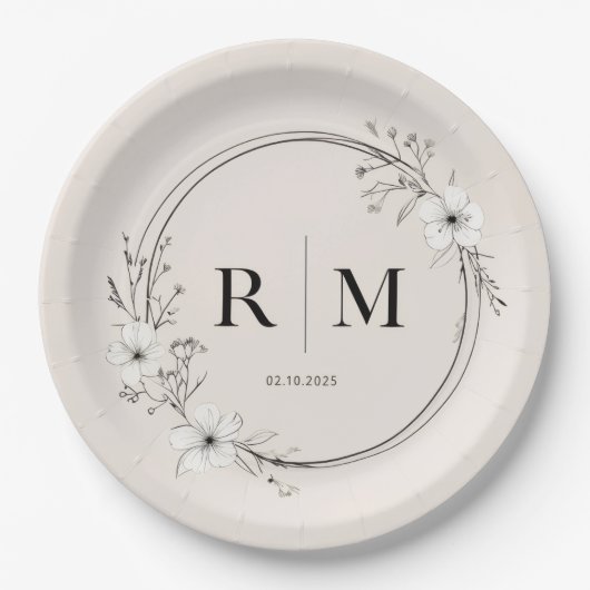 Minimale Blumenmonogramm-Papierteller Elegant Pappteller (Vorderseite)