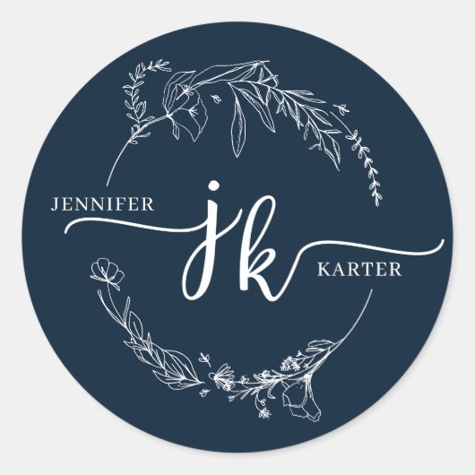 Minimale Blumenzeremonie Navy Blue Monogram Runder Aufkleber (Vorderseite)