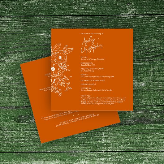 Minimale Blütenbotanische Burnt Orange Hochzeit Programm