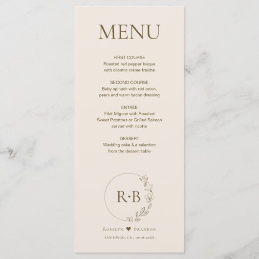 Minimale Blütenschurz-Erdsonde-Monogramm-Hochzeit Menükarte (Vorderseite)