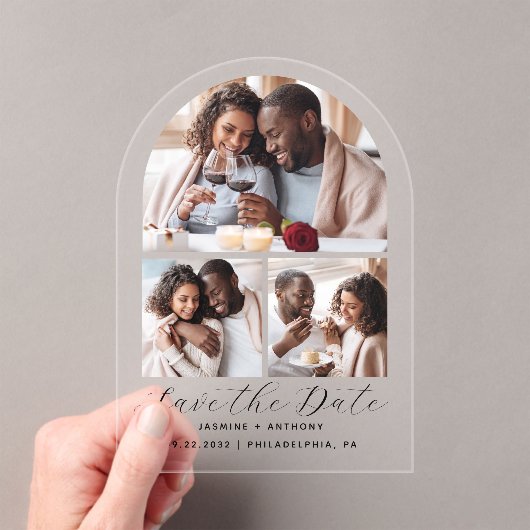 Minimale Bogenform 3-Foto Collage Save the Date Acryleinladungen (Insitu (Handheld))