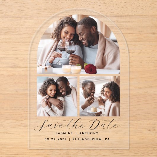 Minimale Bogenform 3-Foto Collage Save the Date Acryleinladungen (Vorderseite)