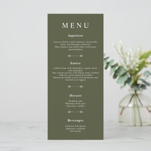 Minimale Bohemische Olive Green Wedding Menus Menükarte (Stehend Vorderseite)