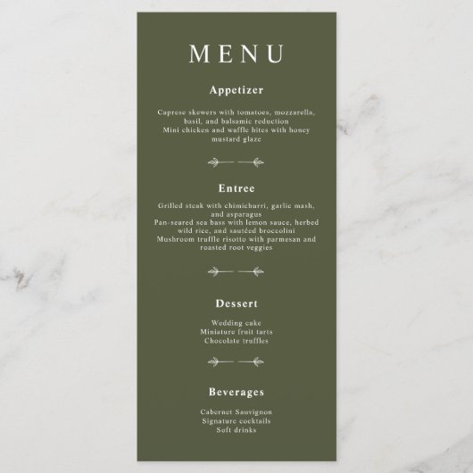 Minimale Bohemische Olive Green Wedding Menus Menükarte (Vorderseite)