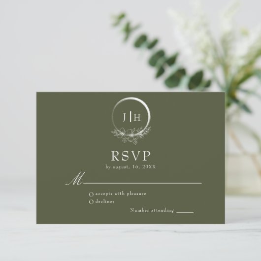 Minimale Bohemische Olive Green Wedding RSVP Card (Stehend Vorderseite)