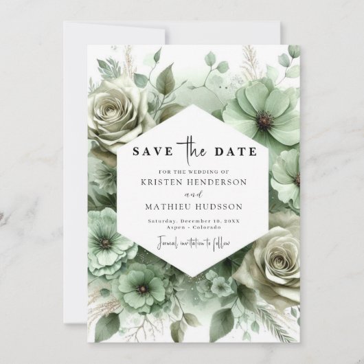 Minimale botanische Classic Sage Green Wedding Save The Date (Vorderseite)