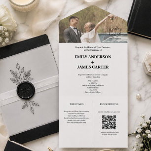 Minimale Botanische Foto-Monogramm-Hochzeit All In One Einladung