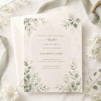Minimale Botanische Hochzeit in Salbeigrün Einladung