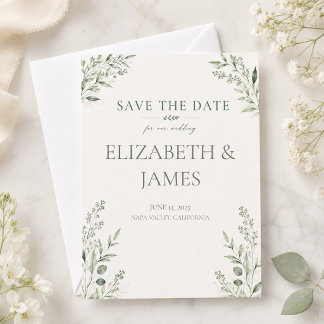 Minimale Botanische Hochzeit in Salbeigrün Save The Date