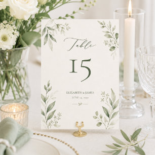 Minimale botanische Hochzeit in Salbeigrün Tischnummer