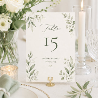 Minimale botanische Hochzeit in Salbeigrün Tischnummer
